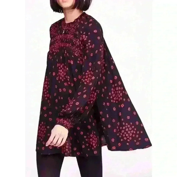 Free People Dresses & Skirts - Free People XS Smocked Tunic Mini Dress Black Floral Boho WhimsyGoth Babydoll